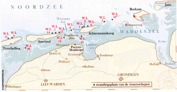 Kaart met strandingen na de ramp van Moddergat 1883